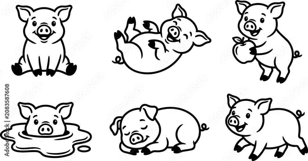Fototapeta premium Black and white cartoon pigs in various poses with apple and mud