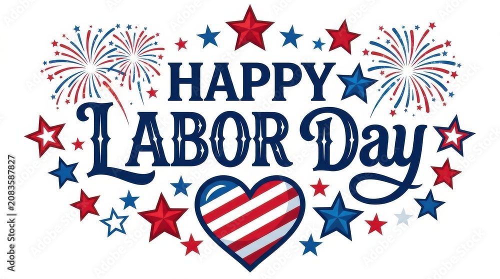 Obraz premium Happy Labor Day greeting with fireworks and heart