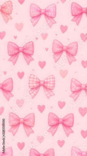 Soft pastel pink seamless background pattern featuring delicate decorative bows and small floating hearts in a whimsical artistic digital illustration