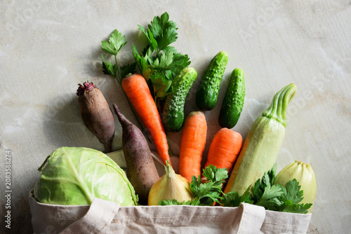 Fresh organic vegetables in reusable cotton shopping bag on light background with copy space