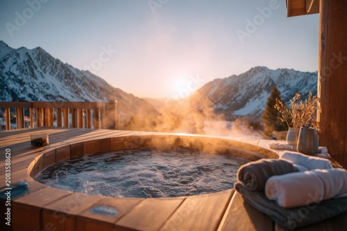 Serene hot tub with mountain view in winter