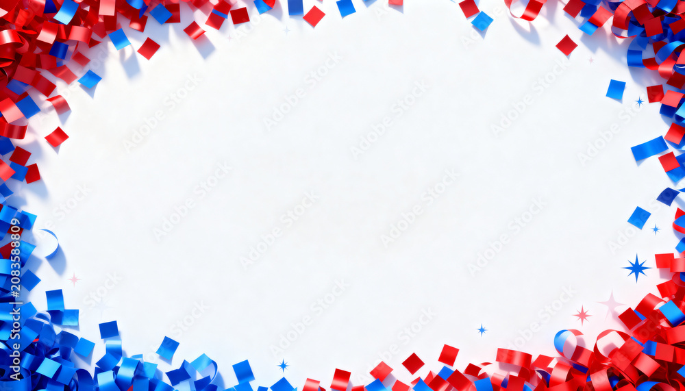 Fototapeta premium Patriotic confetti frame background, red white blue paper confetti border around clean white copy space, patriotic 250th anniversary design, red white blue banner template with copy space