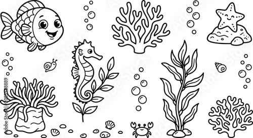 Foto Cute Underwater Sea Life Line Art Vector Set with Cartoon Fish, Seahorse, Starfi