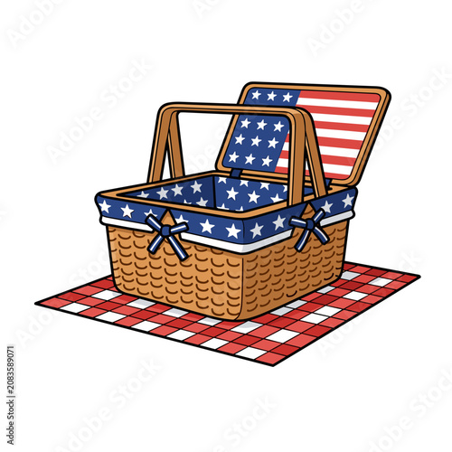 Picnic basket with american flag lining on checkered blanket