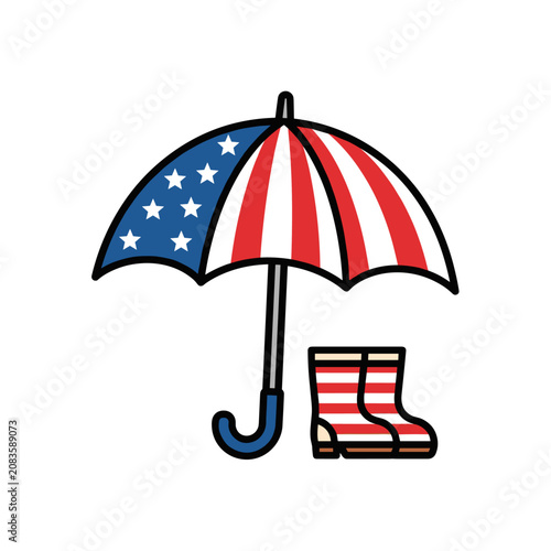 Patriotic umbrella and rain boots with stars and stripes