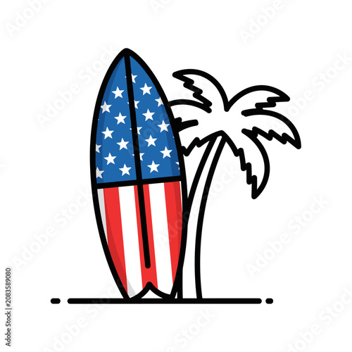 Surfboard with american flag pattern by a palm tree