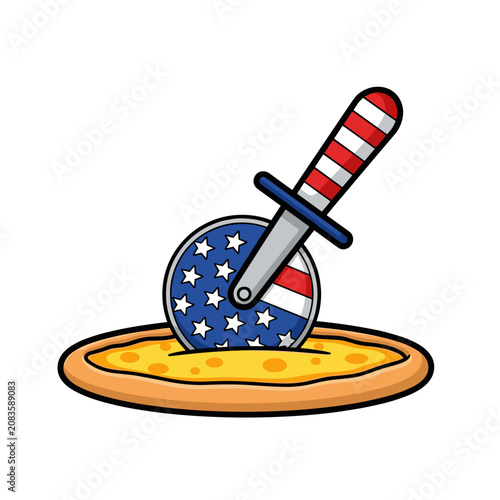 American flag pizza cutter slicing through a cheese pizza