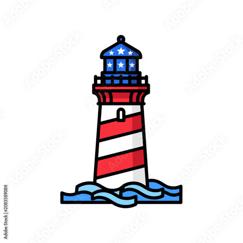 Patriotic lighthouse with stars and stripes pattern on ocean waves