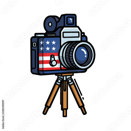 Retro camera on tripod with patriotic stars and stripes pattern