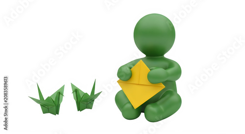 A cheerful green origami figure holding a yellow paper heart with two smaller origami figures nearby