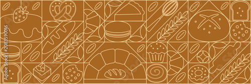 Bread and pastries background. Abstract bakery menu background with line drawing. Geometric pattern bread, croissant, donut. Bakery line pattern.