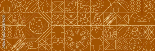 Pizza mosaic seamless pattern, flat line design, pizza ingredients and slices, abstract geometric design of Italian pizzeria