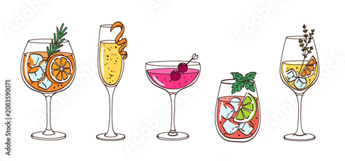 Festive cocktail vector set with rosemary orange spritz, champagne citrus fizz, cherry cosmopolitan, lime mojito, citrus white sangria