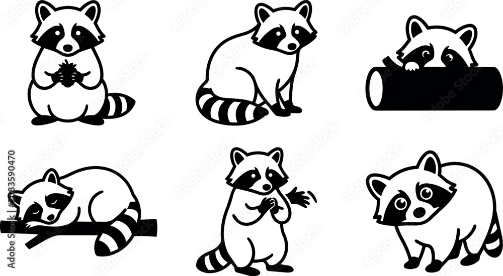 Obraz premium Black and white cute raccoon cartoon set with nuts and log