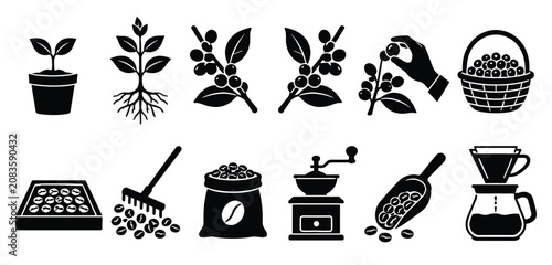 Obraz na plátně Black and white coffee icons set including plants beans and brewing
