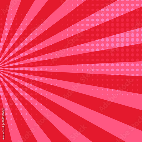 Comics red retro background with halftone corners and rays. Summer backdrop. Vector illustration in retro pop art style for comics book, poster, advertising design.