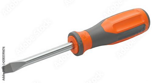 A close-up view of a screwdriver with an orange handle and a silver shaft