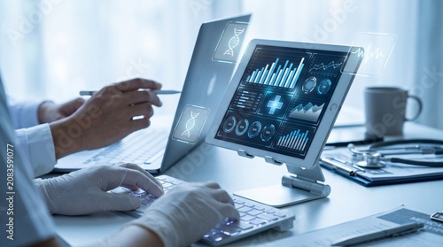 Healthcare professionals analyzing medical data on digital tablet screens in a clinical office environment with a professional and modern blue tone