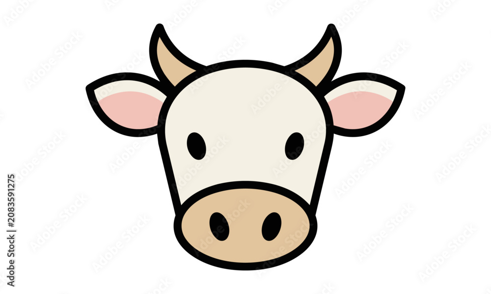Naklejka premium Minimalist cow head icon with bold rounded ears and simple snout design on white background, farm animal concept
