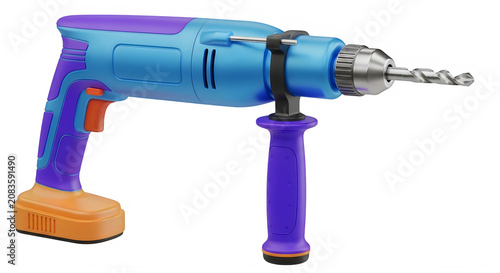 A vibrant cordless drill with a purple body and orange accents resting on a white background