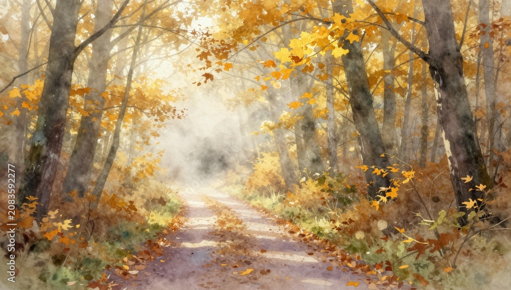 Fototapeta premium Golden autumn forest path with morning fog and sun rays, watercolor illustration