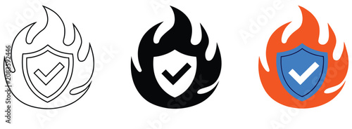 Bild auf Leinwand Fire Safety Icon Collection with Flame Shield Checkmark Protection Emergency Pre