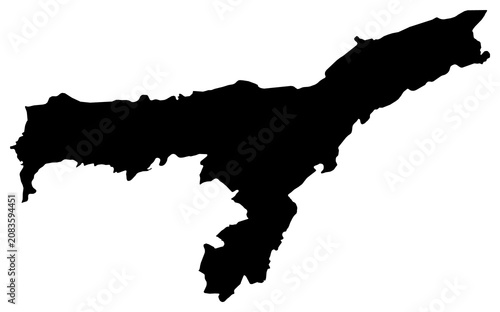 A contour map of Assam. Indian state or union territory silhouette