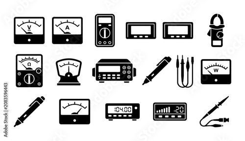 Bild auf Leinwand Electrical measuring tools icon set, black voltmeter and ammeter vector symbols,