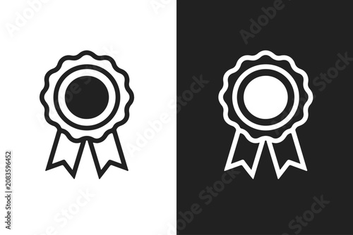 Award badge ribbon icons set, black and white minimalist victory and quality guarantee symbols.