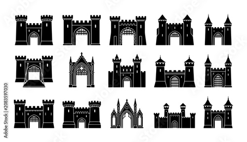 Bild auf Leinwand Medieval castle gate silhouettes, set of 15 black fortress icons, gothic palace