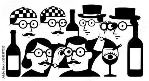 Black and white vector illustration, wine party icons, social gathering graphics, flat design characters