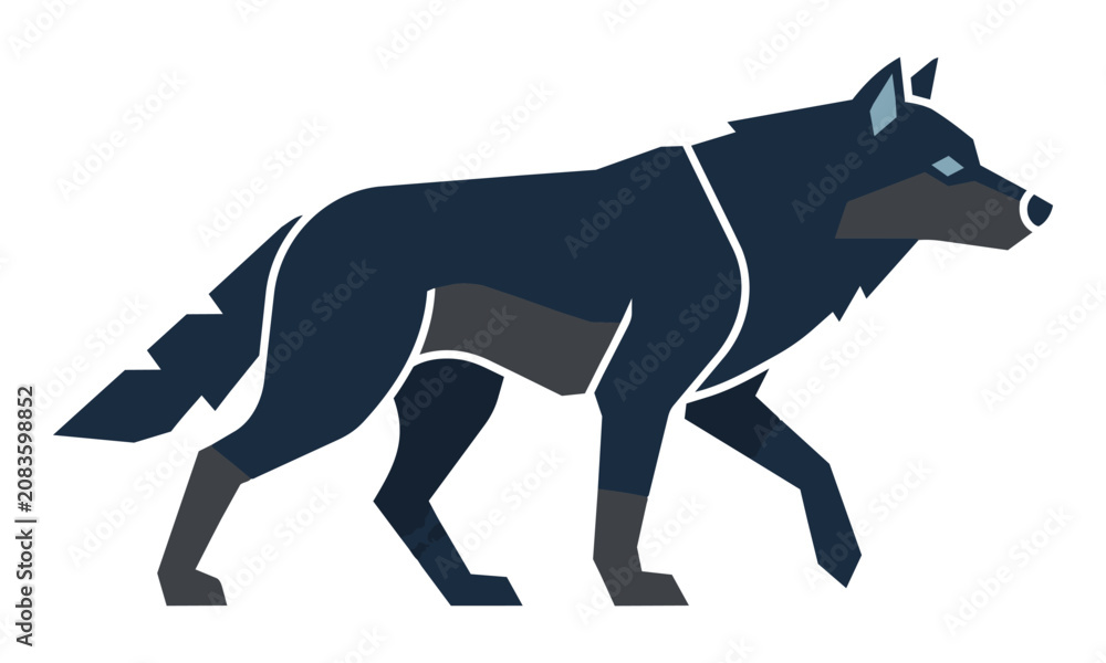 Fototapeta premium Minimalist geometric wolf in a confident walking pose with solid navy and charcoal colors isolated on white. Wild animal strength concept