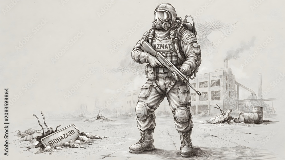 Fototapeta premium Military soldier in protective gear holding rifle amidst war zone scene