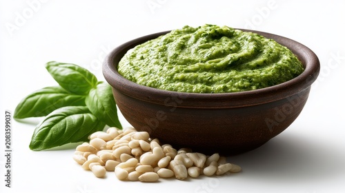 Fresh green pesto sauce in a rustic ceramic bowl with basil leaves and pine nuts isolated on white background
