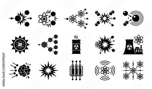 Tableau sur toile Nuclear energy and atomic physics icon set, 15 black vector symbols of radioacti