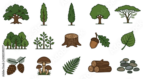 Clean Flat Set of Forest Elements with Trees Leaves Fungi and Natural Objects in Green and Brown