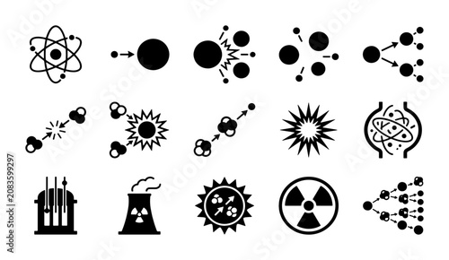 Fotografía Nuclear energy icon set, 15 black atomic physics vector symbols, radioactive pow