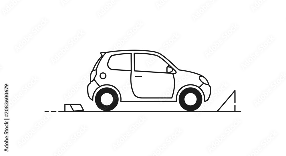 Fototapeta premium Corporate Minimalist Line Drawing of a Small City Car Parked on a Slightly Elevated Platform with Curb