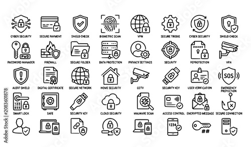 Modern Security Protection Outline Icons Vector Set for Digital and Print Design