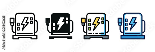 Power supply device with lightning bolt icon illustrating electrical charging equipment, energy storage generator unit and industrial management vector