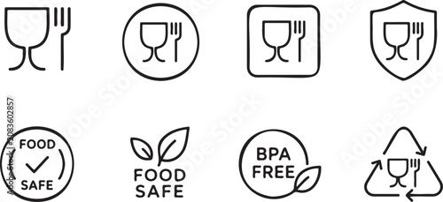 food safety certification and quality line icon set outline, product compliance symbols editable vector collection, safety standards and inspection outline icon pack