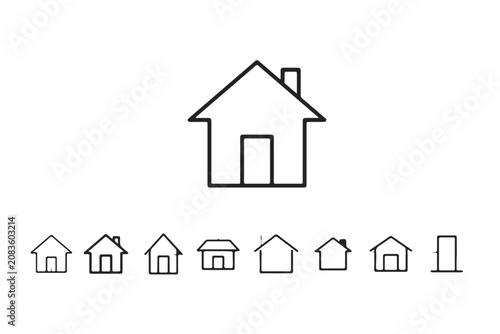 Minimalist house line icon set with grid construction. Black outline home, real estate, and homepage UI symbol options isolated on white background.