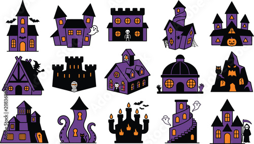 Happy halloween silhouette of spooky haunted houses and castles
