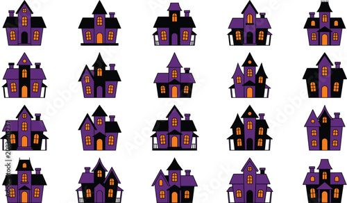 Happy halloween silhouette of purple and black haunted houses with orange windows
