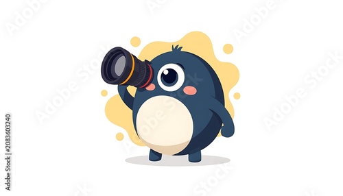 Cute round-bodied cartoon photographer character holding a large professional camera
