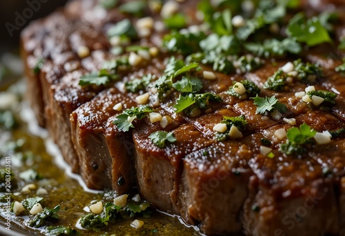 Macro shot of Argentinian chimichurri steak, tender beef fibers, glistening juices, fresh herb sauce with parsley and garlic, coarse salt crystals, shallow depth of field.