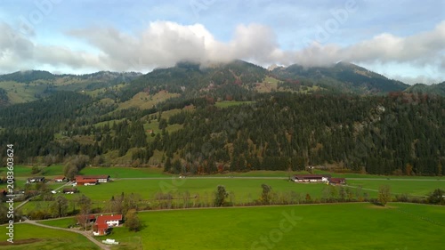 Aerial drone view of the Kesselwand ridge in the Mangfallgebirge mountains near Bayrischzell, Bavaria. Scenic autumn landscape in the Bavarian Prealps, Germany, featuring rugged alpine peaks