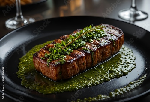 Luxury restaurant presentation of Argentinian chimichurri steak, perfectly seared beef, vibrant green herb sauce, rosemary garnish, black ceramic plate, dramatic lighting, modern fine dining style