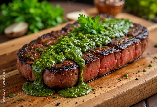 Premium food photography of Argentinian chimichurri steak, perfectly grilled medium-rare beef steak topped with vibrant green chimichurri sauce, fresh parsley, garlic and herbs, rustic wooden board.