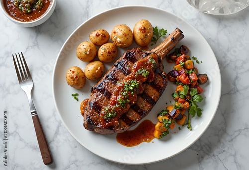 Contemporary Argentinian steak composition, grilled beef with vibrant chimichurri sauce, roasted potatoes, colorful vegetables, minimalist table styling.